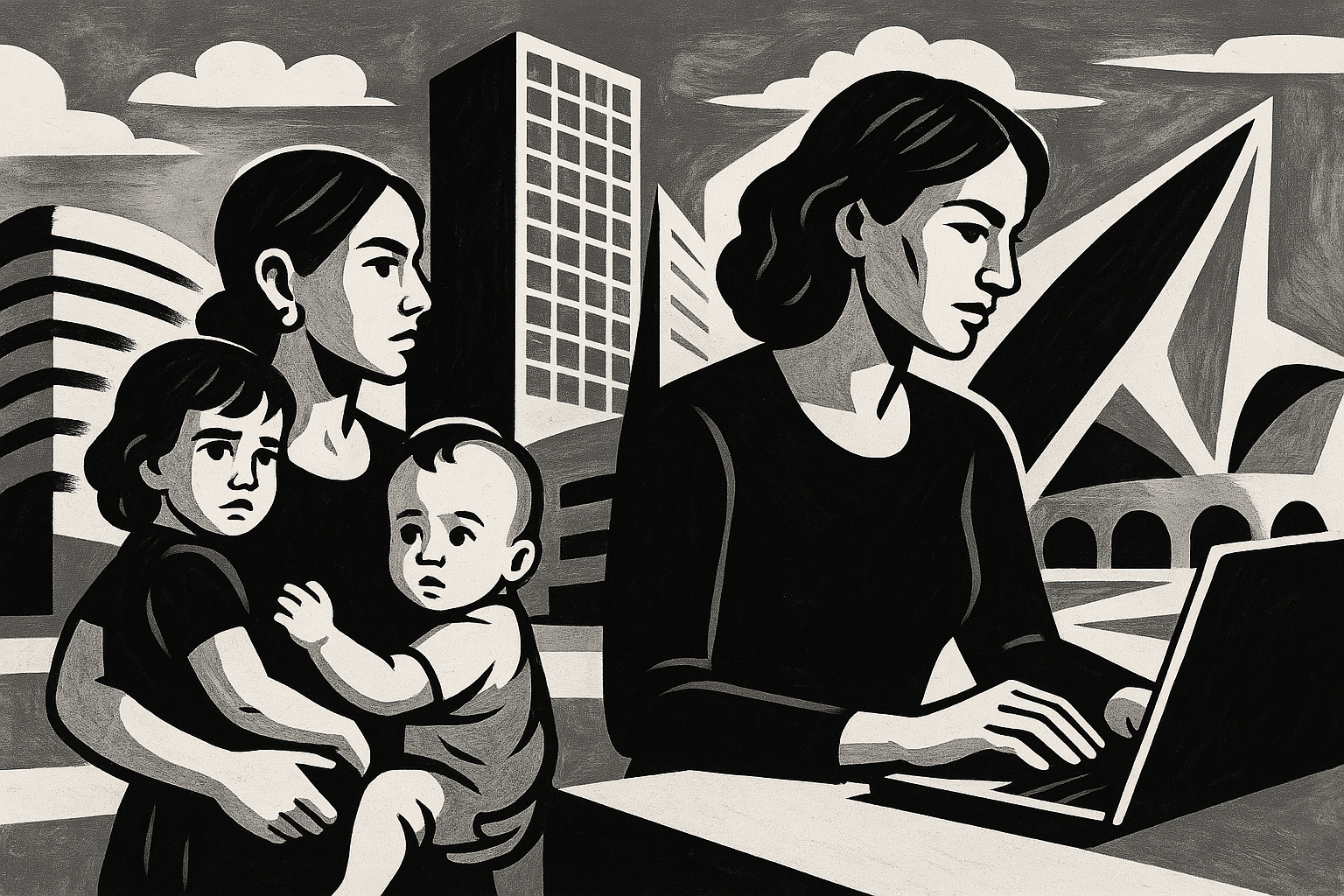 Illustrazione stilizzata in bianco e nero di madri lavoratrici in Sicilia: forza femminile e identità contemporanea.