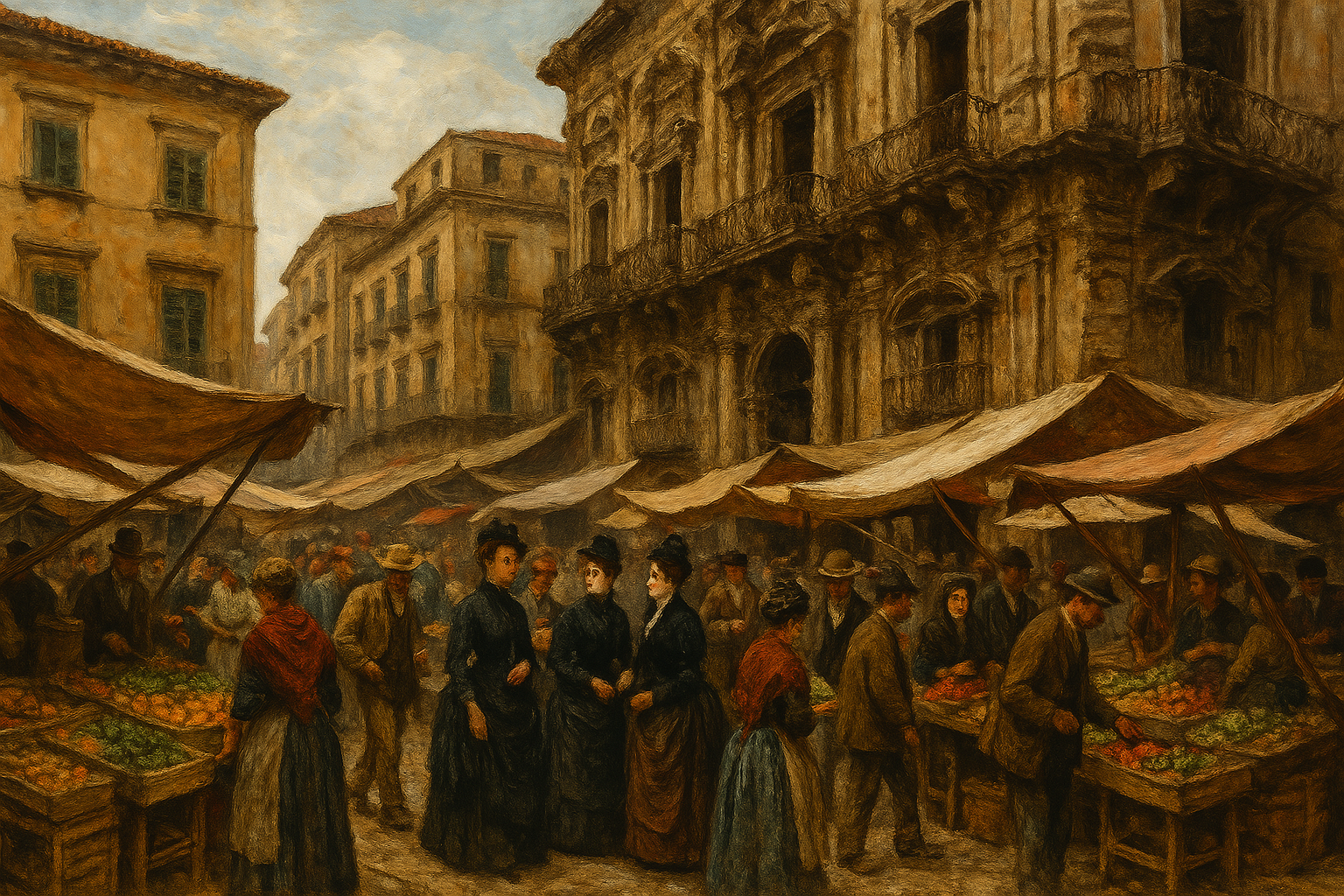 “Mercato di Ballarò a Palermo, tra antichi palazzi e bancarelle: simbolo della trasformazione sociale tra nobiltà decadente e nascita della borghesia”