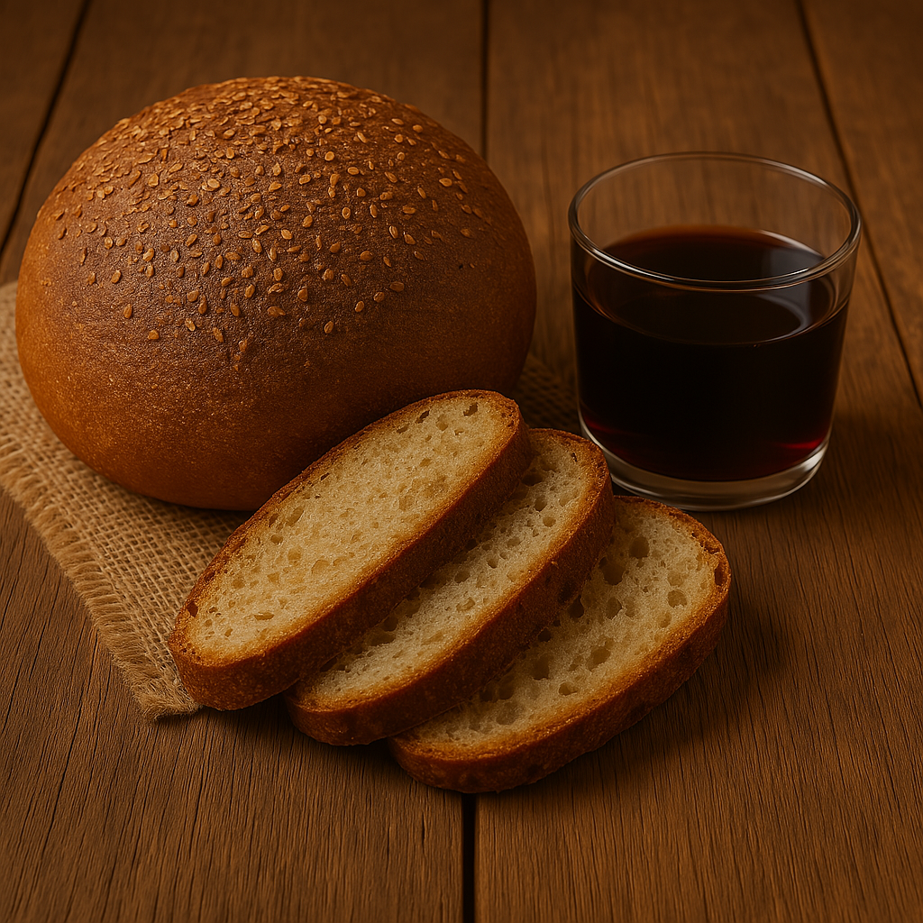 Pane artigianale e bicchiere di vino rosso su tavola rustica mediterranea, simboli della cultura e tradizione del Mediterraneo